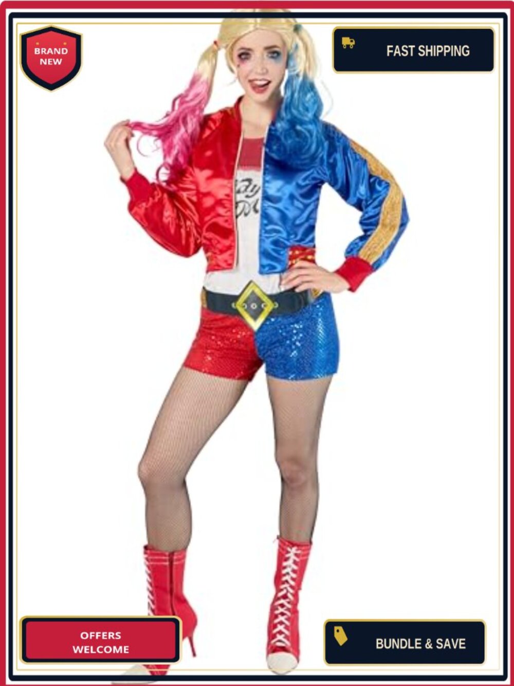 Harley Quinn Costume Adult Large Jacket Top Shorts Tights Belt Cosplay